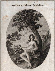 Alegorii zlatého věku představuje s rohem hojnosti ovoce, sedící vedle olivovníku, symbol míru, uprostřed kterého je roj včel. Rytí do „obrazové“ ikonologie nebo myšlenek z říší vášní a alegorií od Austrian School