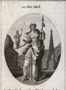 Alegorie šlechty. Hvězda znamená povznesení citů. Socha Minervy a kopí znamenají, že může získat zásluhy ve vědě a zbraních. Rytina v „“ Iconologie oder Ideen aus dem Gebiete der Leidenschaften und Allegorien bild od Austrian School