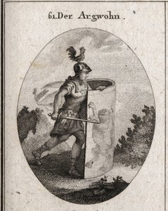 Alegorie podezření seká za štítem, na kterém stojí lev, symbol podezření podle aristotela, a kohout na přilbě, který představuje bdělost. Rytina v „“ Iconologie oder Ideen aus dem Gebiete der Leidenschaften und Alleg od Austrian School