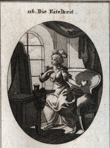 Alegorie marnosti. S touhou potěšit a být ohleduplná je zastoupena před toaletou a lichotí si před zrcadlem se srdcem v ruce. Rytina v „“ Iconologie oder Ideen aus dem Gebiete der Leidenschaften und Allegorien od Austrian School