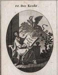 Kreditní alegorie držící knihu s nápisem „“Solutus omni foenore““ (Osvobození od výhry všech). V pozadí griffon symbol zachování a zachování tresorů. Rytina v „“ Iconologie oder Ideen aus dem Gebiete der Leiden od Austrian School