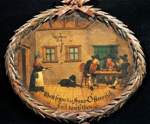 Zákazníci sedí u stolu v hostinci a servírka, oválný znak pro hostinec, Rakousko od Austrian School