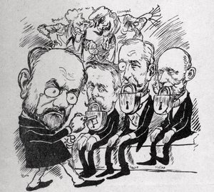 Emile Zola se pokouší odemknout zámky, které zavírají ústa prezidentů Jean Casimir-Perier (1847-1907) a Felixe Faureho (1841-1899), jakož i prezidenta Rady Julese Melinea (1838-1925), zatímco v pozadí, Henri Rochefort (1831-1913) řekl Com od Austrian School