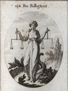 Alegorie spravedlnosti držící dvě váhy ve stejné výšce. Jejím atributem je roh hojnosti, který ukazuje, že odměňuje dobrotou poté, co se správně očistila. Rytina v „“ Iconologie oder Ideen aus dem Gebiete der Leidenschaften und Allegorien bildic od Austrian School