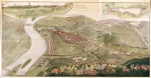 Mapa znázorňující dobytí Budína, 1686 (barevná rytina)