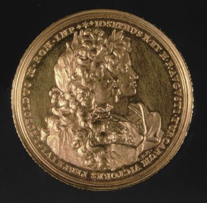 Medailon s portréty císařů Svaté říše římské Leopolda I. (1640-1705) a Josefa I. (1678-1711) od Philippa Heinricha, 1692 (zlato)