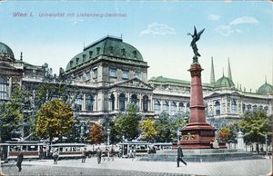 Pohlednice zobrazující Vídeňskou univerzitu a Liebenbergův památník, kolem roku 1915 od Austrian School