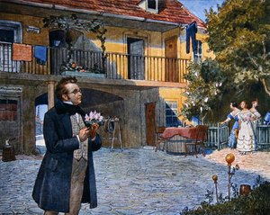 Partitura Obálka "Das Dreimaederlhaus" ("Dům tří dívek") s vyobrazením Schuberta před domem, cca 1916 (barevná litografie) od Austrian School