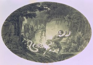 Tamino pronásledovaný obřím hadem, scéna I. dějství z „Kouzelné flétny“ od Wolfganga Amadea Mozarta (1756-91) (rytina) od Austrian School