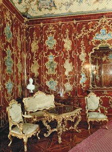 Místnost Millionen obložená fíkovým dřevem vykládaným perskými miniaturami a zdobená zlaceným ornamentem, Schloss Schonbrunn, Vídeň