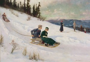 Jízda na saních a lyžování (olej na plátně)