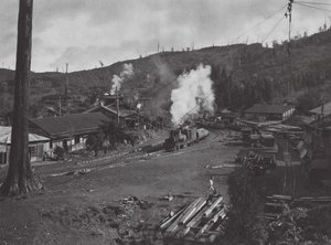 Japonsko: Numanohira, Přeprava dřeva (čb fotografie)