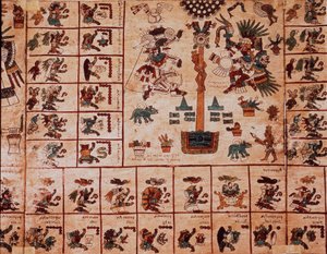 Znázornění aztéckých božstev a polí odpovídající kalendáři. Strana aztéckého rukopisu na kůře „Codex Borbonicus“, předkolumbijského domorodého kodexu středního Mexika, konec 15. století. Knihovna Národního shromáždění (Palais Bourbon). od Aztec