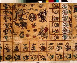 Znázornění aztéckých božstev a polí odpovídající kalendáři. Strana aztéckého rukopisu na kůře „Codex Borbonicus“, předkolumbijského domorodého kodexu středního Mexika, konec 15. století. Knihovna Národního shromáždění (Palais Bourbon). od Aztec
