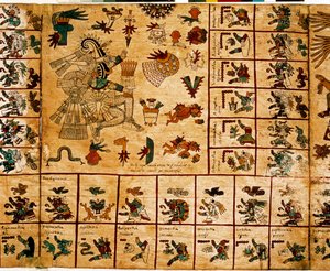 Znázornění aztéckých božstev a polí odpovídající kalendáři. Strana aztéckého rukopisu na kůře „Codex Borbonicus“, předkolumbijského domorodého kodexu středního Mexika, konec 15. století. Knihovna Národního shromáždění (Palais Bourbon). od Aztec