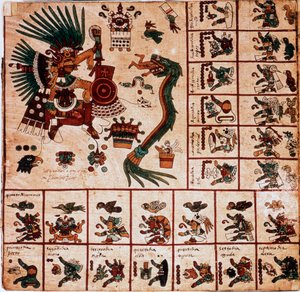 Znázornění Quetzalcoatla a Tezcatlipoca, aztéckých božstev a polí odpovídající kalendáři. Strana aztéckého rukopisu na kůře „Codex Borbonicus“, předkolumbijského domorodého kodexu středního Mexika, konec 15. století. Knihovna Národní As