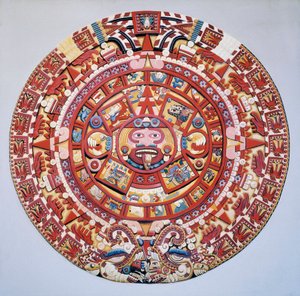 Předkolumbovská civilizace: aztécký kalendář (kámen slunce): disk představující aztécký kalendář a kosmogonii (Tonalpohualli)
