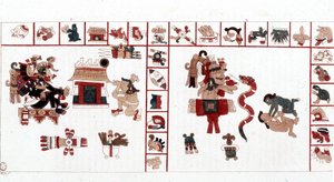 Aztécký bůh Cihuacohuatl zastoupený v hieroglyfickém rukopisu, piktogramy.
