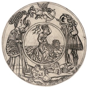 Aristoteles a Phyllis, obklopeni mladým mužem a ženou s Erosem, a ležící nahá žena se dvěma dětmi, druhá polovina 15.