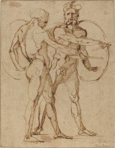 Dva mužské akty, cca 1520 (pero a hnědý inkoust na potištěném papíře) od Baccio Bandinelli