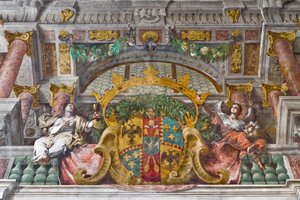 Detail mit Gesims und allegorischen Figuren der Dekoration, Kirche St. Franziskus, Sassuolo, Italien von Baldassarre & Monti Giovanni Giacomo (1620-92) Bianchi