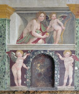 Síň výhledu Síň výhledu detail výklenku trompe loeil zobrazující Venuši a Amor, freska 1518-19