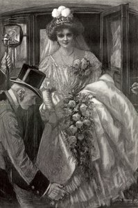 Debutantka vystupuje z kočáru, aby byla přijata u dvora (litografie)