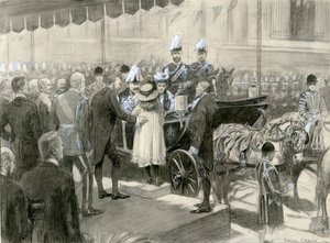 Král Eduard VII. a královna Alexandra - stánek londýnské hrabství na Trafalgarském náměstí, 24. října 1902 (akvarel na papíře)