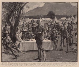 Lady Henry Bentinck pořádá v portlandské nemocnici v Rondeboschi čaj pro zraněné důstojníky (litografie)