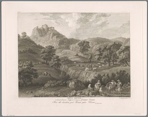 Pohled na Roccagiovine Rocca Giovine (titul na objektu) Suite de VI vues des Environs de Rome (...) (název série)