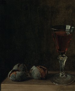 Sklenka vína s vlašskými ořechy na stole od Balthasar Denner