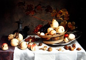 Zátiší z kdoulí v košíku, jiné ovoce a předměty (olej na desce) od Balthasar van der Ast