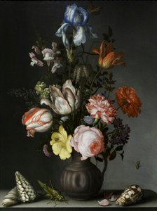 Květiny ve váze s mušlemi a hmyzem, kolem roku 1630 (olej na dubovém dřevě) od Balthasar van der Ast