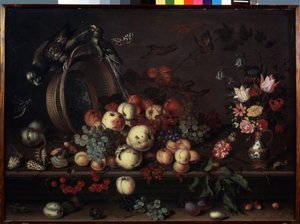 "Zátiší s ovocem, květinami a papoušky" (také nazývané "Zátiší s ovocem, mušlemi a hmyzem") Malba Balthasara van der Asta (1593/4-1657) kolem roku 1620 Rozměr 75x104 cm Ermi Museum od Balthasar van der Ast