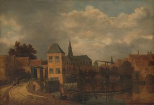 Pohled na město Haarlem, pořízený z řeky Spaarne, ukazující Eendjespoort od Balthasar van der Veen
