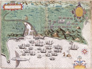 Pohledový plán Santiaga, Kapverdské ostrovy, zobrazující útok Sira Francise Drakea na španělskou pevnost 17. listopadu 1585, c.1588-9