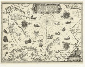 Mapa zemí kolem polárního kruhu se třemi plavbami Nizozemců v roce 1598 od Baptista van (after) Doetechum