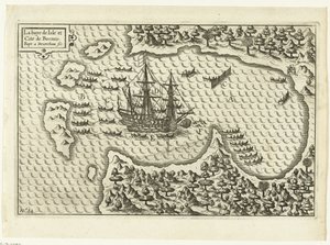 Příjezd na Borneo, 1600 La baye de Isle et Cite de Borneo (název na objektu), RP-P-OB-75.411 od Baptista van Doetechum