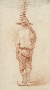 Stojící farmář s hráběmi s džbánem přes rameno, při pohledu zezadu od Barend Cornelis Koekkoek