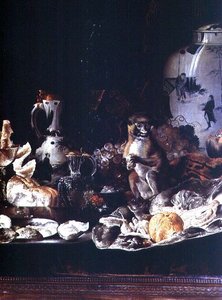 Exotické zátiší s opicí a čínským porcelánem od Barend or Bernardus van der Meer