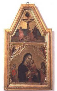 Madona s dítětem se svatým Janem Křtitelem a svatou Kateřinou, s výjevem Ukřižování nad nimi od Barnaba da Modena