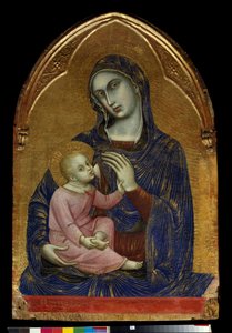 Panna a Dítě Marie kojí Ježíše Krista, který má náhrdelník z korálů. Malba na dřevě od Barnaby da Modena (známý z let 1361 až 1383) Rozm. 1,09x0,72 m Paříž, Musee du Louvre.