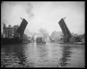 Osobní loď Pere Marquette v závěsu na řece Chicago, Chicago, Illinois, USA, kolem roku 1905 (č/b foto) od Barnes and Crosby