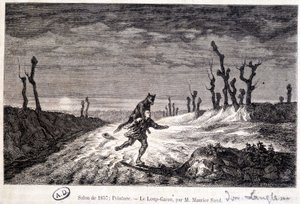 Vlkodlak (vlkolak) útočící na člověka - od ap. obraz Maurice Sand vystavený na Salonu v roce 1857. od Baron Dudevant Jean Francois Maurice (after) Sand