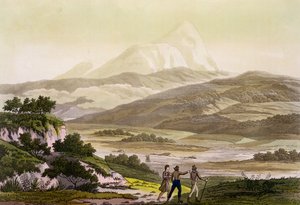 Hora Cayambe, Ekvádor, z knihy "Le Costume Ancien et Moderne", svazek II, deska 3, autor: Jules Ferrario, rytina: Paolo Fumagalli, vydáno cca ve 20.-30. letech 19. století.