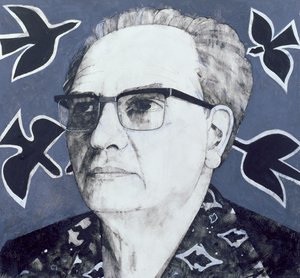 Portrét Oliviera Messiaena, ilustrace pro The Sunday Times, 70. léta (kvaš na palubě)