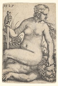 Judith, dívající se doprava, seděla nahá na mrtvém těle Holoferna, s šv..., 1525.