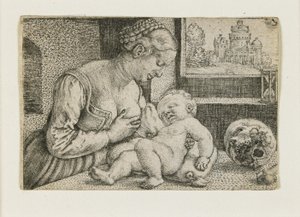 Matka a dítě s lebkou a přesýpacími hodinami, c. 1528-1530 od Barthel Beham