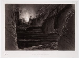Pohled pořízený v dolech Wieliczka, Polsko, 20. března 1840, vyryto Sabatierem (tónované lito) od Barthelemy after Lauvergne