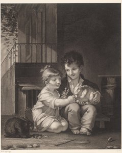 Dvě děti s králíky Mange mon petit, mange od Barthélémy Joseph Fulcran Roger